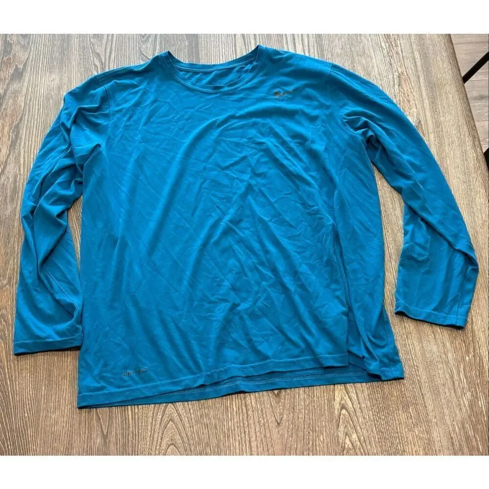 Nike Mens Dri-Fit Long Sleeve T-Shirt Pullover Crewneck Swoosh Logo Blue Size XL